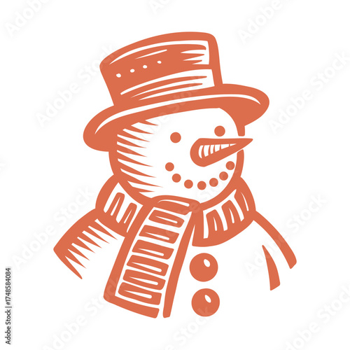 Vintage Christmas Snowman icon in Hat and scarf. Hand drawn winter character illustration for greeting cards, holiday invitations, seasonal decor, and festive crafts