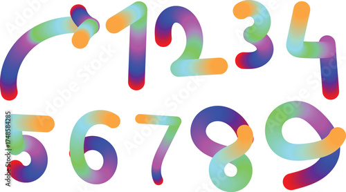 Colorful rainbow gradient numbers from one to nine on a white background for education and design