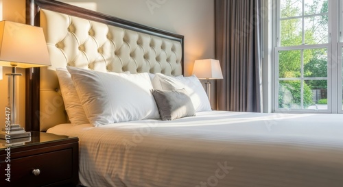 Elegant bedroom with plush headboard and natural light from large window