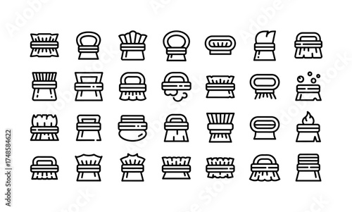 Illustration of a collection of various black and white cleaning brush icons on white silhouette