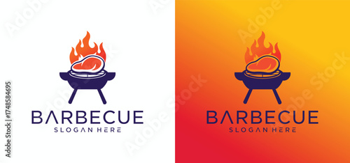 Barbecue logo design with combination of pork and grill fire along with shoes.