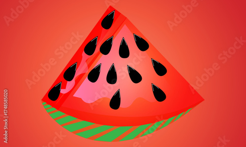 Vibrant Watermelon Slice Illustration With Black Seeds On Red Background For Summer, Food, And Capturing Refreshing Summer Vibes.
