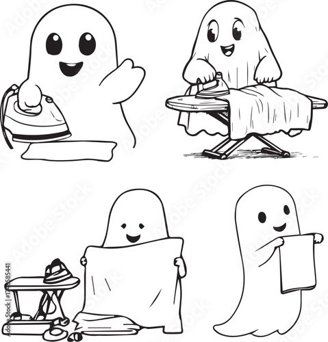 Funny cartoon ghost laundry vector set with ironing, folding, and fabric scenes for whimsical Halloween and everyday humor