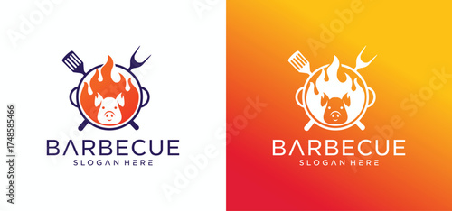 Barbecue logo design with combination of pork and grill fire along with shoes.