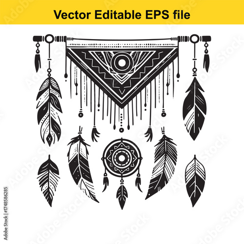 Vector art of a bohemianstyle wall hanging with tribal patterns, feathers, and circular motifs, rendered in black and white line art, isolated on a