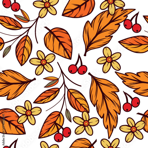 Seamless vector pattern of autumn leaves, berries, yellow flowers. All objects are hand-drawn in vector. The illustration is suitable for printing on paper, postcards, textiles. Vector illustration