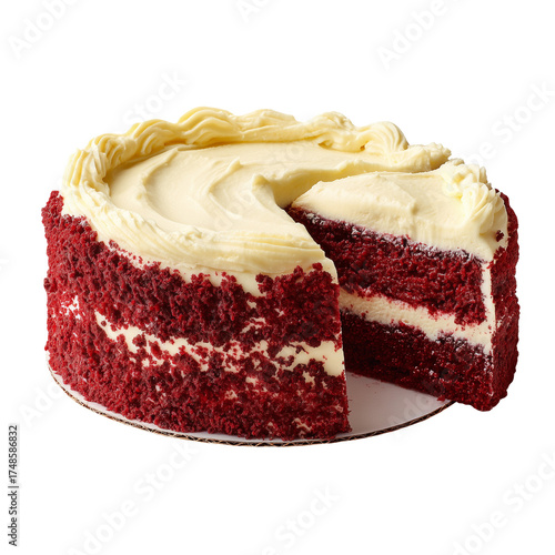 Ai red velvet cake with cream cheese frosting displayed on a white background