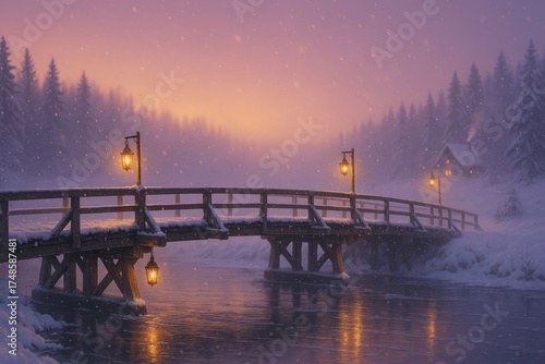 Wallpaper Mural Winter bridge scene with glowing lanterns in a snowy landscape at dusk. Torontodigital.ca