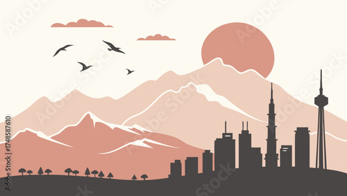 Stunning Sunset Cityscape with Mountains and Birds | Scenic Urban Landscape Art | Nature Meets Skyline