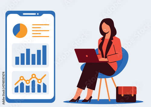 An empowered businesswoman analyzing data on her laptop while referencing a bright smartphone dashboard symbolizing smart and confident business decisions.