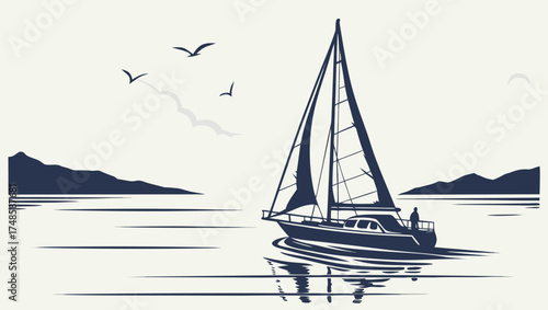 Tranquil Sailboat Cruise: Silhouette of Sailboat on Calm Sea with Mountains and Birds at Sunset