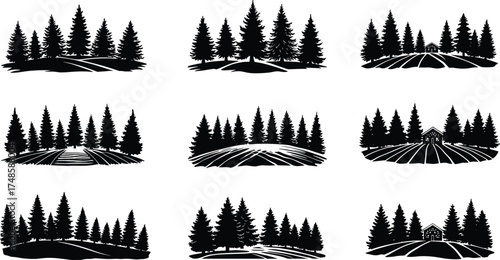  Pine forest landscape vector set, conifer tree silhouettes with hills and cabins, natural woodland illustration, outdoor nature design, mountain forest clipart