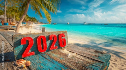 New Year 2026 tropical beach paradise with turquoise ocean and palm trees