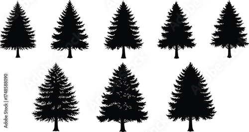  Pine tree silhouette vector collection, evergreen forest design, black conifer illustration, natural woodland element, winter nature artwork, outdoor landscape clipart, eco forest graphic