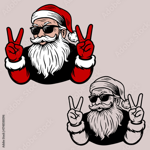 Vector illustration of cool Santa Claus wearing sunglasses and showing peace signs. Funny modern Christmas design.
