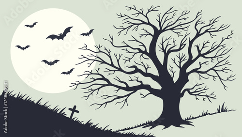 Eerie Halloween Night: Silhouette of Bats Flying by Bare Tree and Cross Under Full Moon Glow
