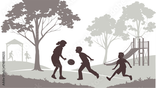 Fun Family Playtime: Silhouette of Kids and Parent Playing Basketball in Park with Trees and Slide