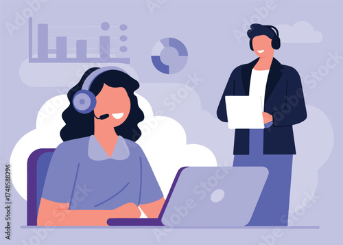 Empowering teamwork — a smiling woman and supportive man collaborating during virtual meetings, showcasing professional harmony and connection in a clean modern flat vector style.