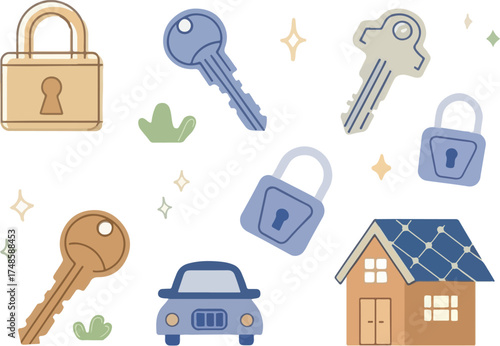 Securing our tomorrows — keys symbolizing protection for home, car, and personal safety illustrated with clean, modern design elements on a bright background.