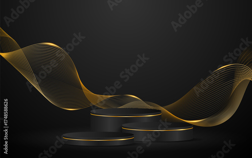 Multi-layered black podium with elegant gold wave lines on the back for product presentation. Display of cosmetic products. Stage or podium. vector illustration	