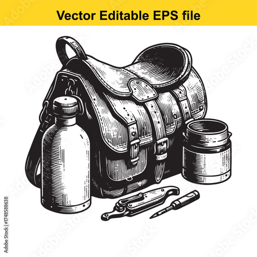 Vector art of antique leather saddlebag with accompanying outdoor equipment, including a canteen, knife, and a folding tool