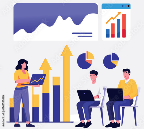 Empowered team analyzing data-driven growth, tracking marketing trends and financial insights in a dynamic, modern corporate setting.