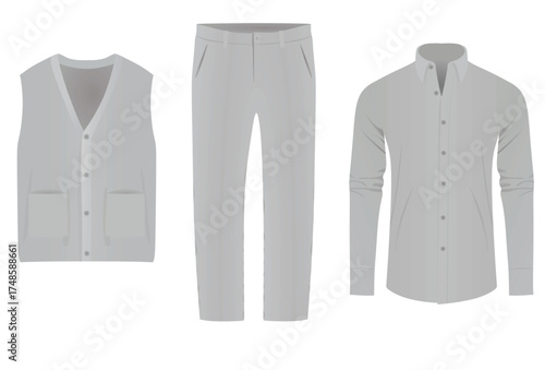 Grey sleeveless sweater, pants and shirt. vector illustration	
