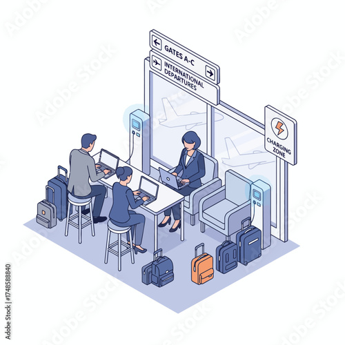 Isometric illustration of business travelers working at airport charging station before international departure - mobile technology concept