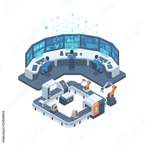 Isometric Automated Manufacturing Control Center with Robotic Arms, Conveyor Belt, and Operators - Futuristic Industry 4.0 Concept