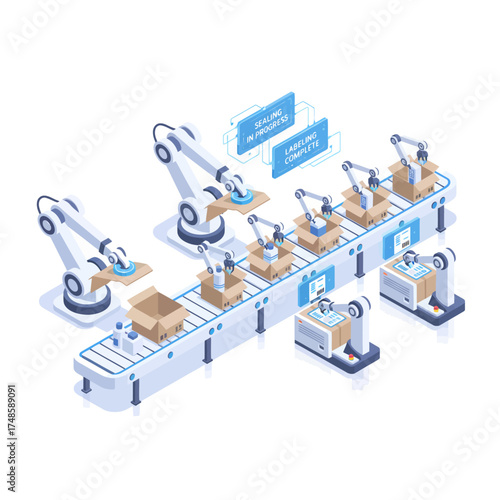 Isometric automated production line: robotic arms packaging boxes in a modern factory. Manufacturing process with sealing and labeling.