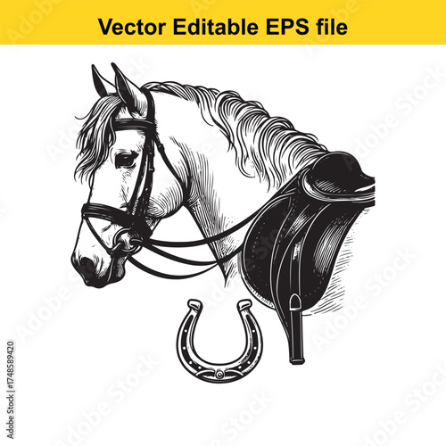 Vector art of detailed sketch of a horse head with a bridle and a horseshoe, , representing equestrianism and horse riding