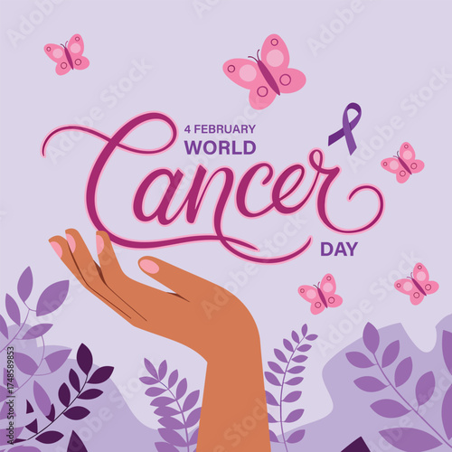 World Cancer Day Awareness Vector Illustration with Hand Holding Purple Ribbon and Butterflies Symbolizing Hope and Support