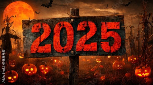 Year 2025 doomsday illustration with flames destruction and Halloween elements