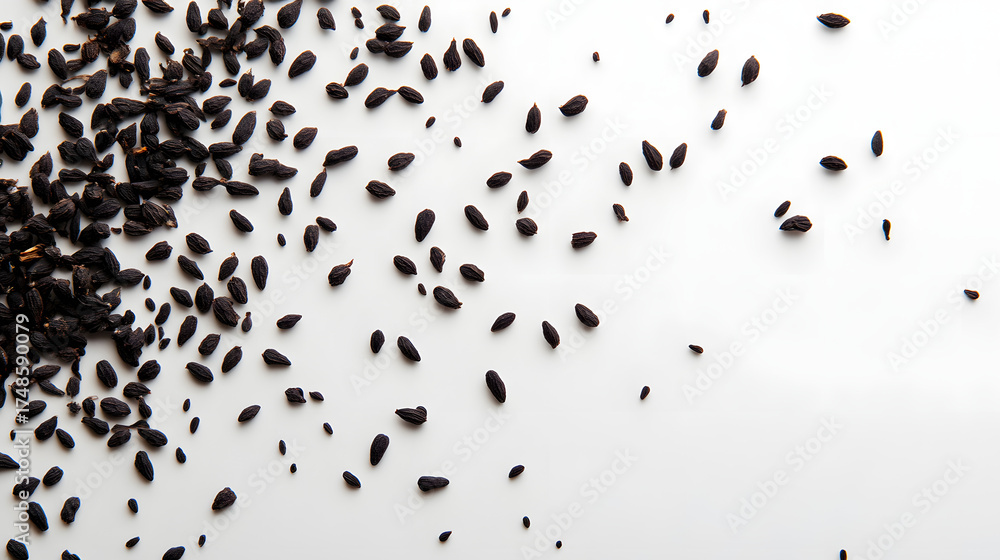 Fototapeta premium Nigella seeds scattered randomly on a white surface, their irregular forms creating a beautiful organic pattern.