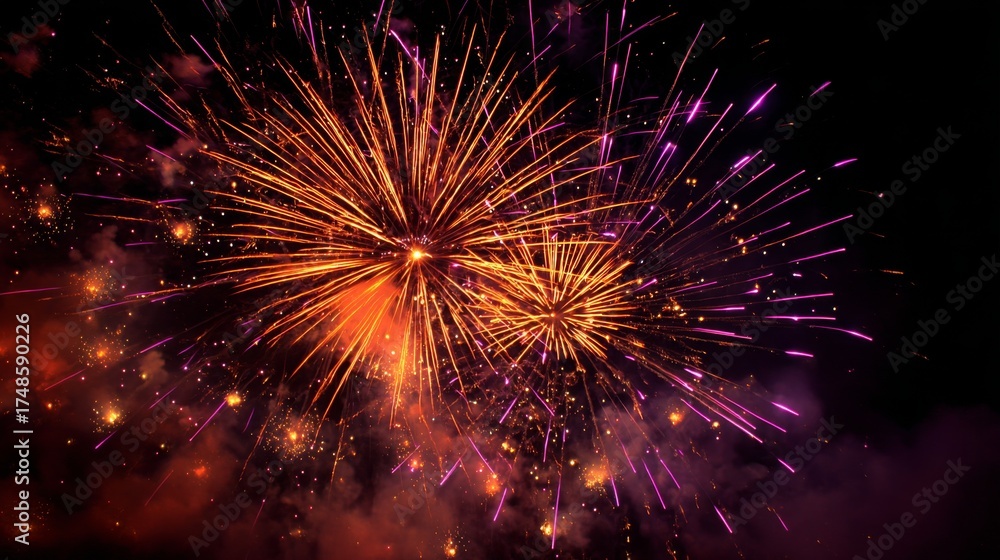 Fototapeta premium Golden sparkling pyrotechnics on dark midnight sky celebrating New Year