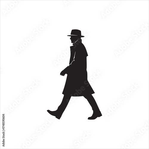 Stylish man in coat and hat walking silhouette urban commuter vector illustration art icon