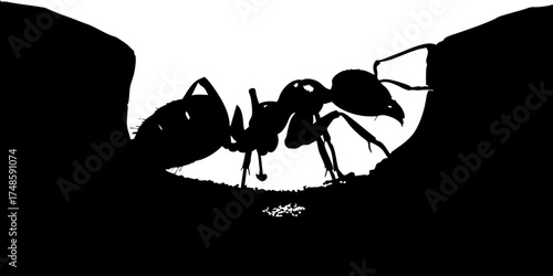 Drawn ant silhouette emerging from dark cave entrance symbolizing perseverance and strength