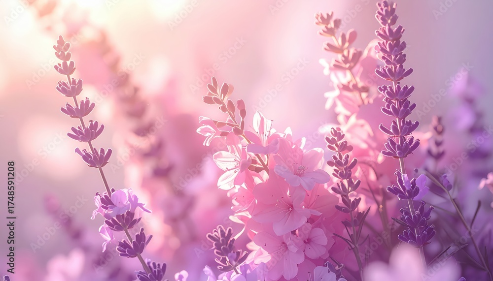 Obraz premium Delicate lavender and pink flowers are illuminated in soft, natural light, creating a dreamy and romantic atmosphere with blurred backgrounds, offering a soothing, beautiful, and floral display.