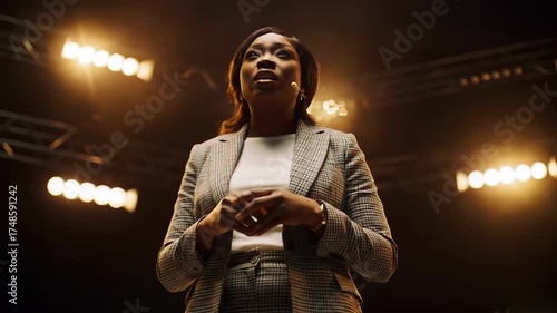Confident African American woman giving speech on stage, public speaker, leadership, presentation, communication, businesswoman, success.