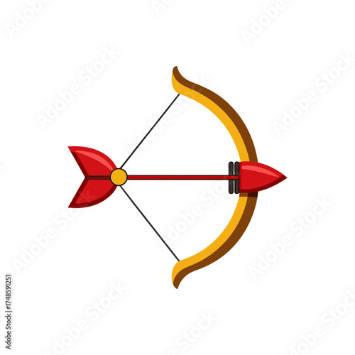 Simple cartoon bow and arrow icon graphic for games and sports symbolism featuring red arrow and golden bow