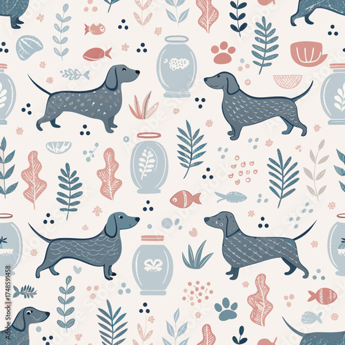 Seamless pattern featuring dark blue dachshund silhouettes and light blue fishbowl outlines on a beige background