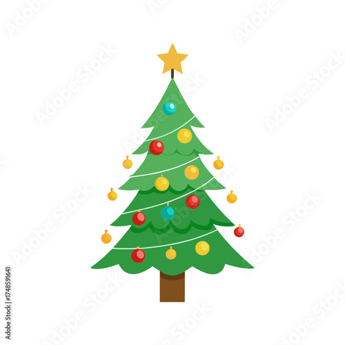 Festive green christmas tree decorated with colorful lights and star topper for holiday celebrations