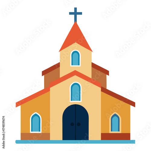 Simple cartoon style church building featuring a steeple cross and colorful arched windows