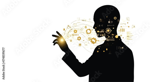 Silhouette of a person interacting with futuristic digital technology and glowing data.