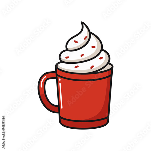 Festive red mug topped with creamy whipped cream and sprinkles a cozy treat