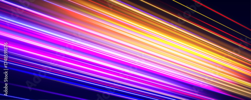 Abstract digital trails flow like lasers through space, blending cool blues and vibrant reds. Motion blur adds intensity to the scene. This composition feels both high-tech and fast-paced.