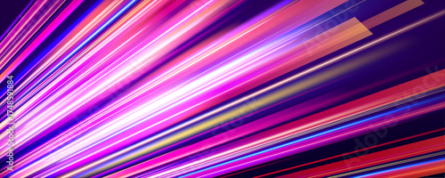 Glowing neon lines stretch across a dark background, creating a sensation of high-speed motion. Bright red and blue beams swirl in dynamic patterns. The scene evokes futuristic energy and acceleration