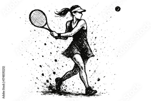 Woman playing tennis in action grunge style vector