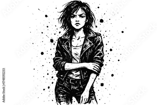 Rebel teenage girl in leather jacket grunge style