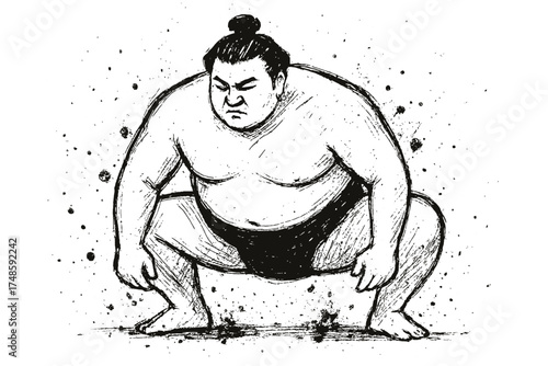 Big japanese sumo wrestler grunge vector black and white drawing